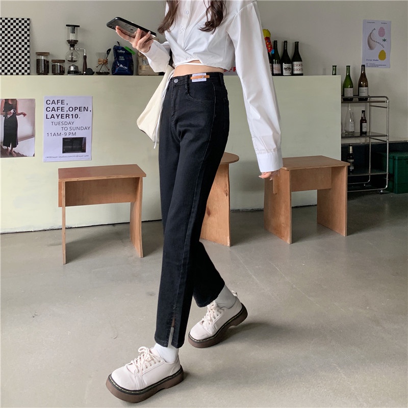 Xiaozhainv Quần jean nữ lưng cao xẻ tà thời trang cá tính