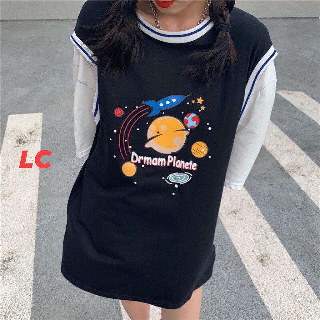 Áo thun tay lỡ phối tanktop kiểu áo bóng rổ unisex nam nữ form rộng PLANETE basic tee oversize 2 màu xanh đen siêu hot | BigBuy360 - bigbuy360.vn