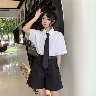 SÉT ÁO SƠ MI TRẮNG + QUẦN NGỐ HÀN QUỐC ULZZANG [ KÈM NỊT + CÀ VẠT ]