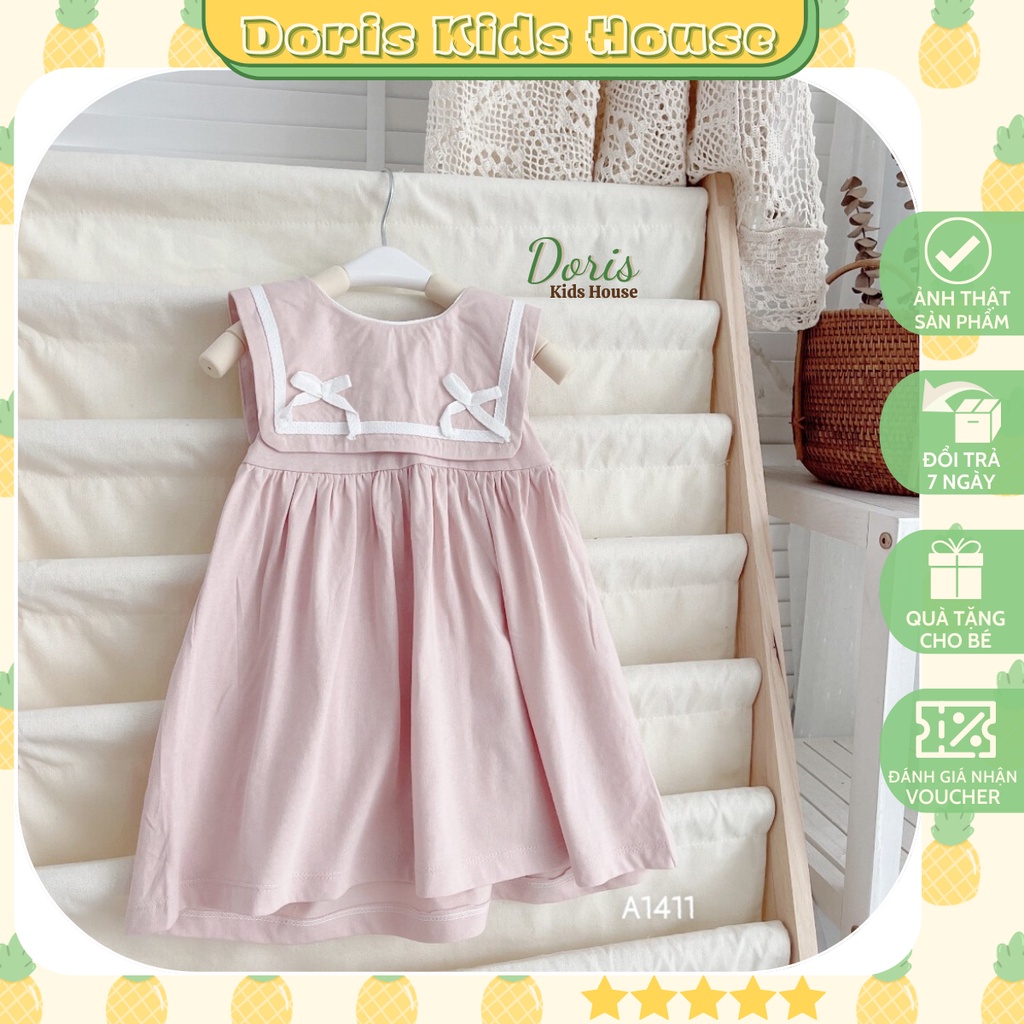 Váy cotton mềm cổ đáp vuông màu hồng nude tiểu thư ngọt ngào cho bé gái