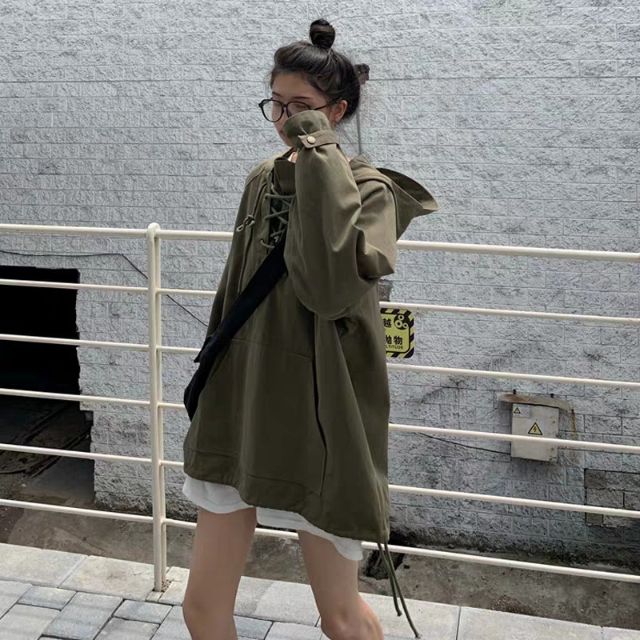 Áo hoodie kaki đan dây cổ dáng rộng oversize Ulzzang siêu xinh 😍 | BigBuy360 - bigbuy360.vn