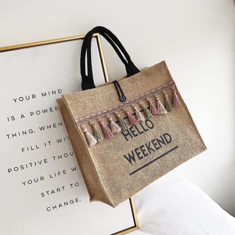 Túi cói tote vintage đi biển HELLO WEEKEND cầm tay nữ size lớn vải bố lanh cao cấp Hàn Quốc QH267
