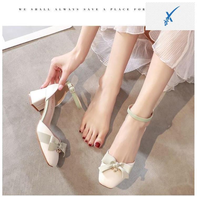 Sandal Nữ Guốc Kiểu dáng cài khuy gót thô đế vừa Xếp cánh hoa đính nơ 3 Phân *