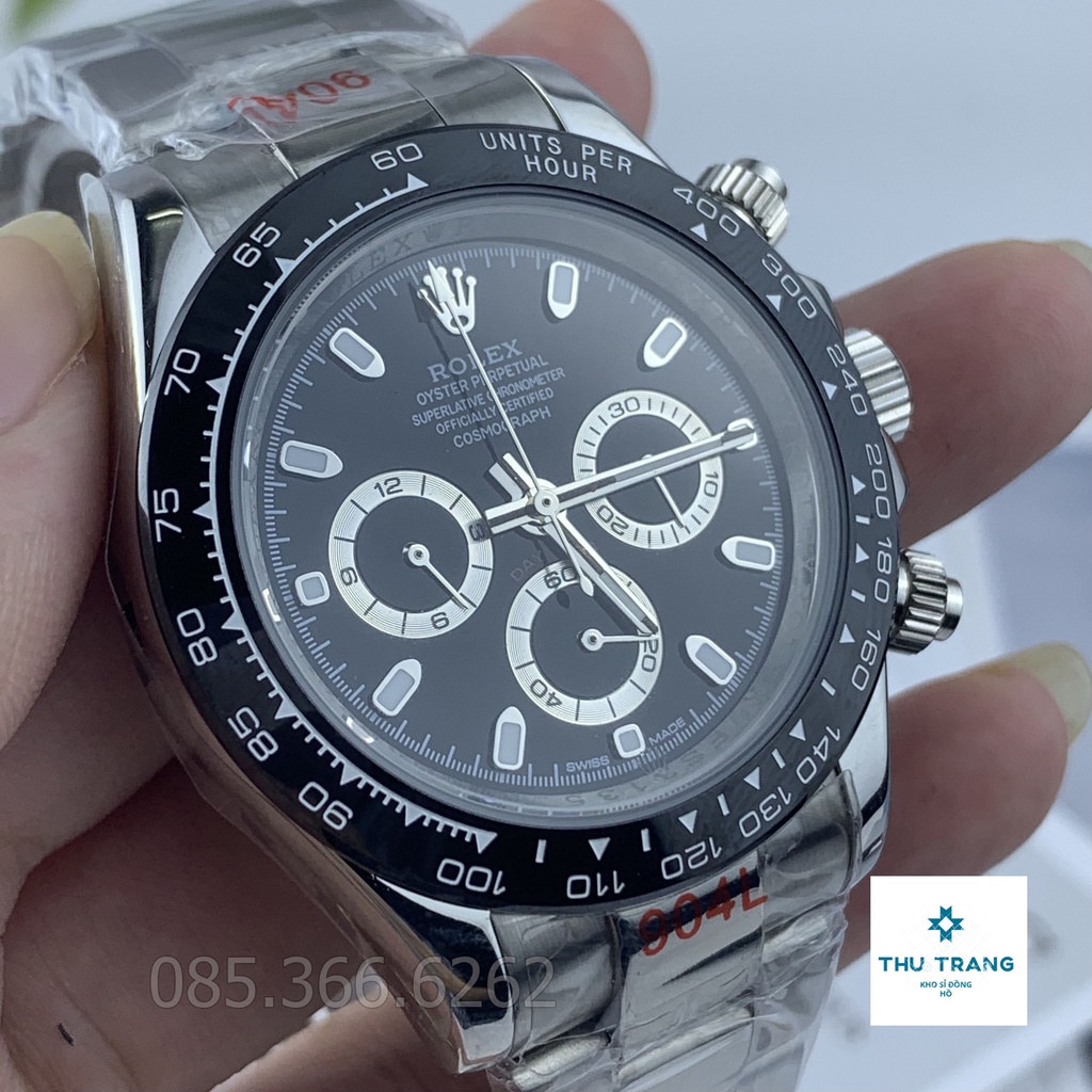 Đồng hồ nam đồng hồ cơ Rolex máy nhật dòng Automatic mẫu 3 nút đen dây thép trắng size 41-42mm