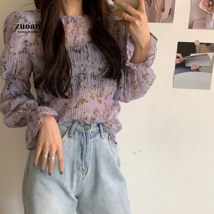 SUXI Áo Chiffon Dáng Rộng Họa Tiết Hoa Tím Phong Cách Hàn Quốc Cho Nữ