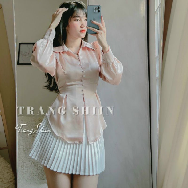 Áo sơ mi lụa nút bọc xẻ tà cột nơ lưng