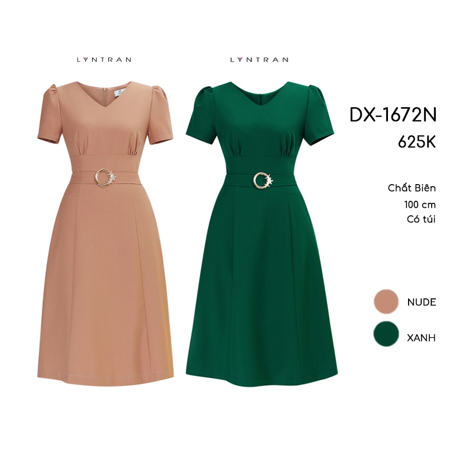 Đầm xoè đai eo vai bồng Lyntran Váy DX-1672N dún chân ngực với khuyên sang trọng