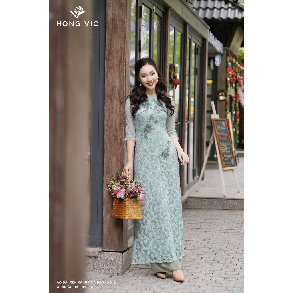 Áo dài kiểu nữ thiết kế Hongvic ren xanh hoa đào AD10