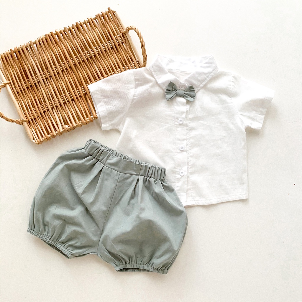 Bộ áo sơ mi + cà vạt nơ + quần short cho bé