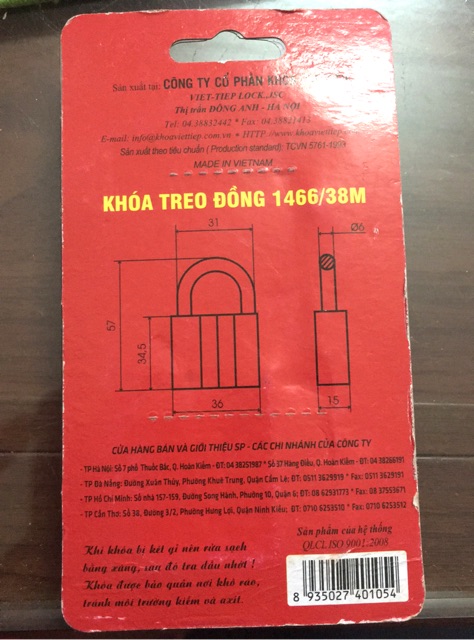 Khoá treo đồng chìa Việt Tiệp cầu 6 chính hãng