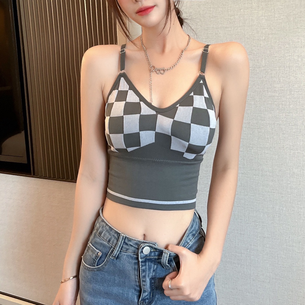 Easnine Áo Lót Dệt Kim Ngắn Hai Dây Cổ Chữ V Có Đệm Ngực Có Thể Tháo Rời Kẻ Caro Hàn Quốc
