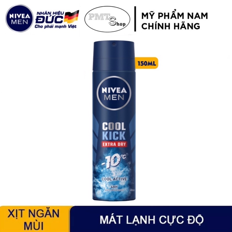 Combo 2 Xịt ngăn mùi nam NIVEA MEN Cool Kick 150ml x 2 chai Mát Lạnh - Thơm năng động Extra Dry Cool Active