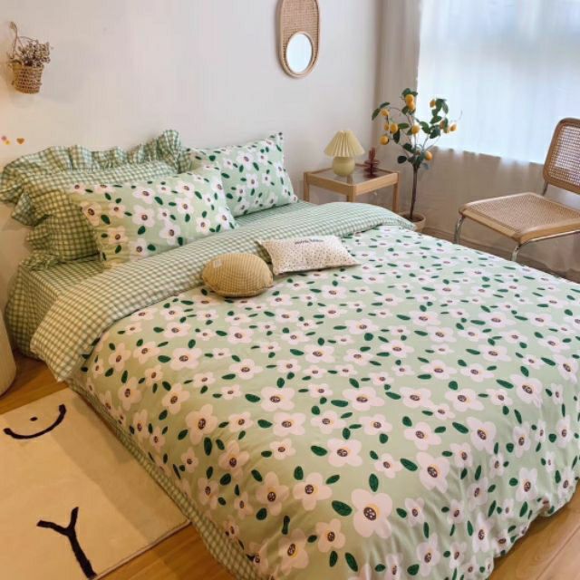 Bộ Chăn Ga Gối Hoa Nhí Xanh Cotton Poly