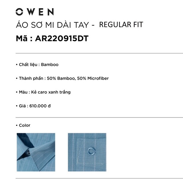 Áo Sơ Mi Nam Dài Tay OWEN AR220915DT Somi Công Sở Vải Sợi Tre Cao Cấp Màu Kẻ Caro Xanh Trắng Dáng Suông Tà Lượn Có Túi