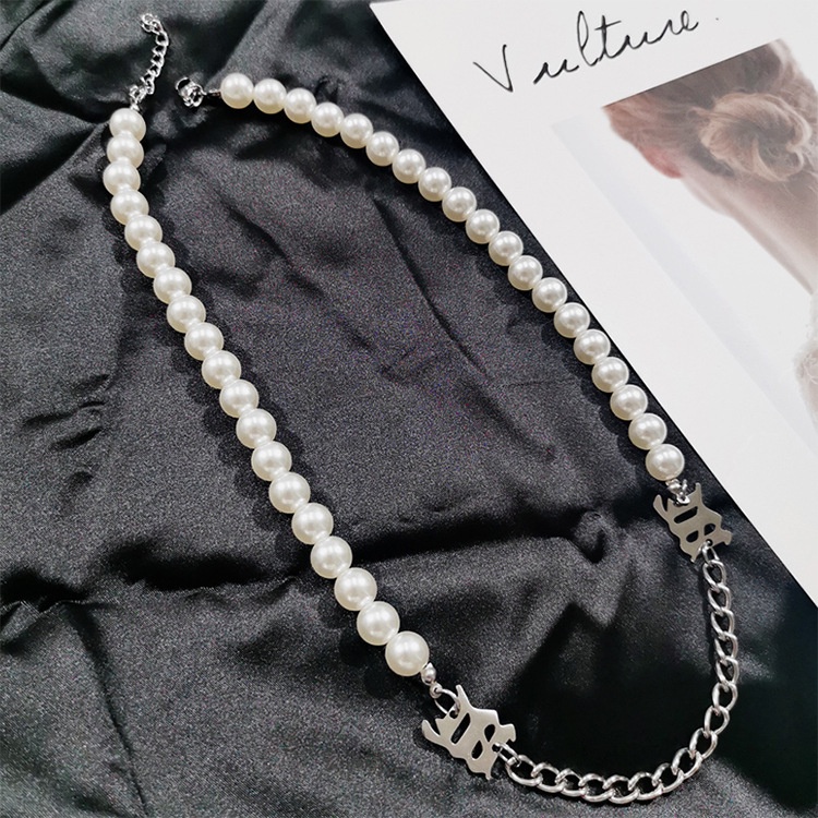 Vòng Cổ Nữ Ngọc Trai Nhân Tạo Choker Phối Xích Bằng Thép Titan Không Gỉ Phong Cách Cá Tính