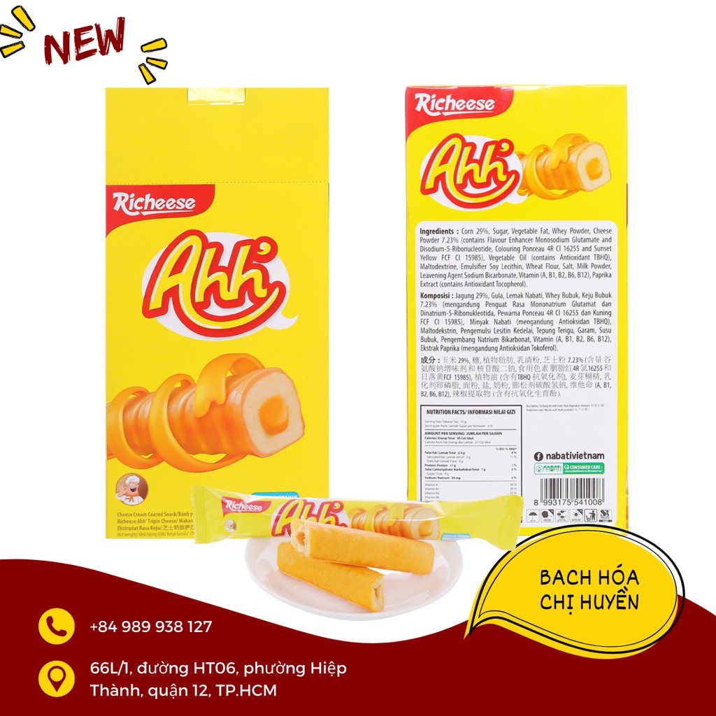 Bánh xốp phô mai Richeese Ahh' Nabati roll hộp 160g/10 ống to