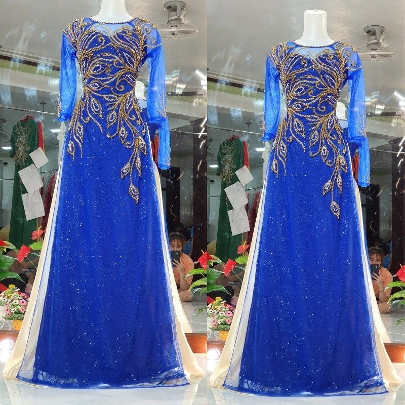 Áo Dài Mẹ - Áo Dài Cô Dâu Màu Xanh Coba  Nổi Bật ADC06