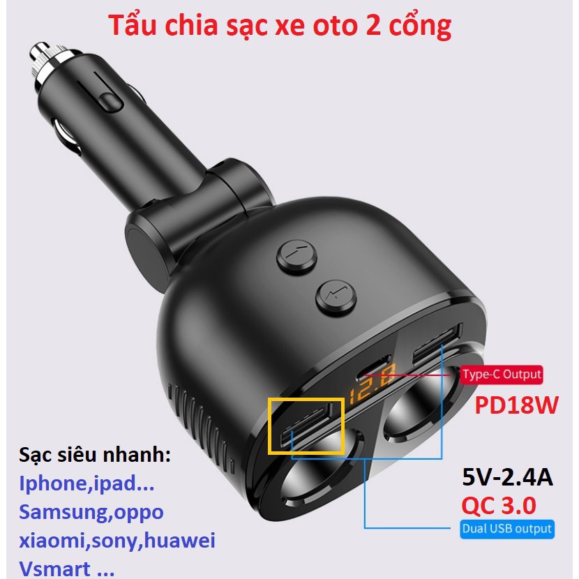 Tẩu Chia Sạc Xe Hơi Ô Tô 2 Nguồn sạc nhanh PD18w ,QC.30 có đèn led báo điện áp xe HY16-PD18W