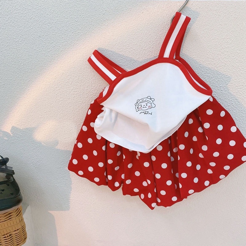 Áo sát nách in hoạt hình + quần short chấm bi phong cách mùa hè Hàn Quốc cho bé gái