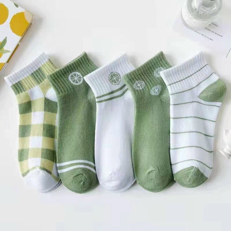 Sét 5 đôi tất nữ cổ ngắn hoạ tiết dễ thương chất liệu chống trơn trượt