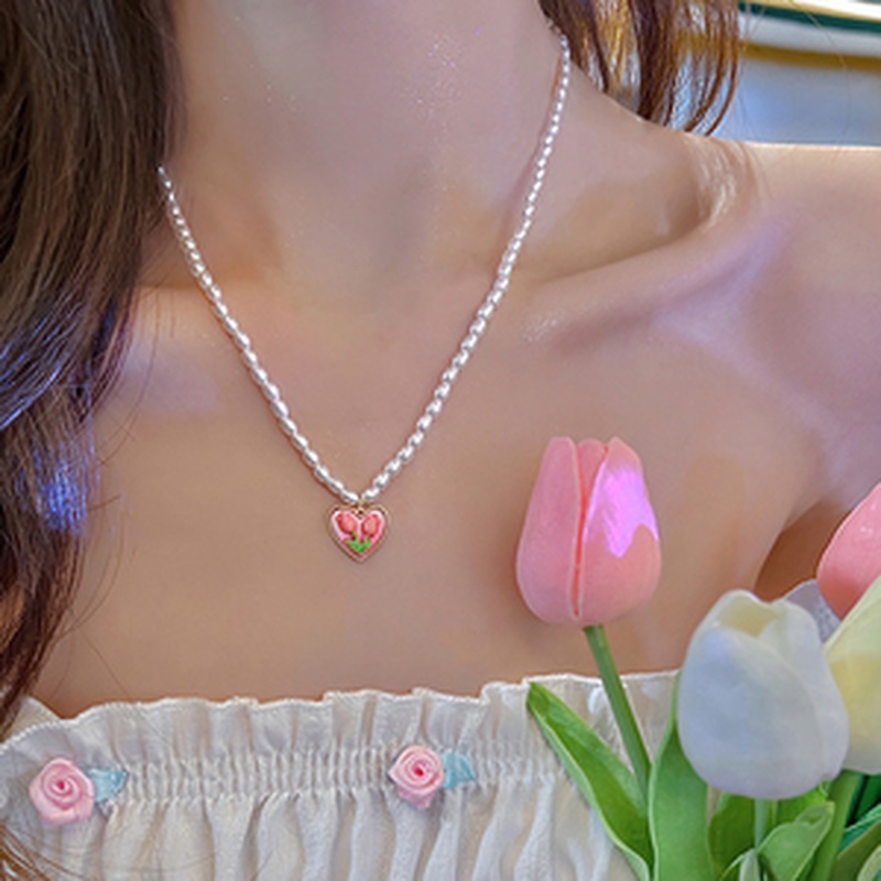 Vòng cổ Mặt Hình Hoa Tulip Đính Ngọc Trai