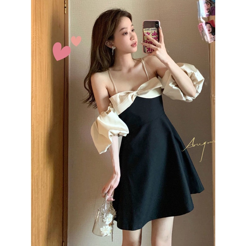 Đầm Công Chúa Hai Dây Tay Phồng Cổ Chữ V Ôm Dáng Phong Cách Pháp Dành Cho Nữ