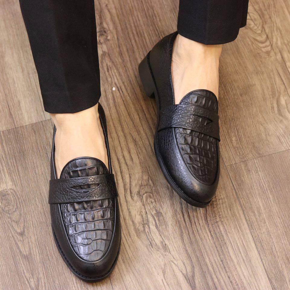 Giày da nam [ Đế Khâu ] Giày lười nam da bò in vân cá sấu, Đế cao su 3cm - MÃ K1 | BigBuy360 - bigbuy360.vn