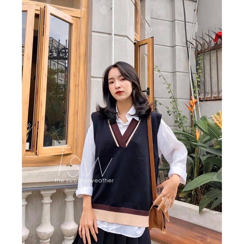 [Ảnh thật/Sẵn]Áo gile len viền xẻ vạt phong cách Ulzzang | BigBuy360 - bigbuy360.vn