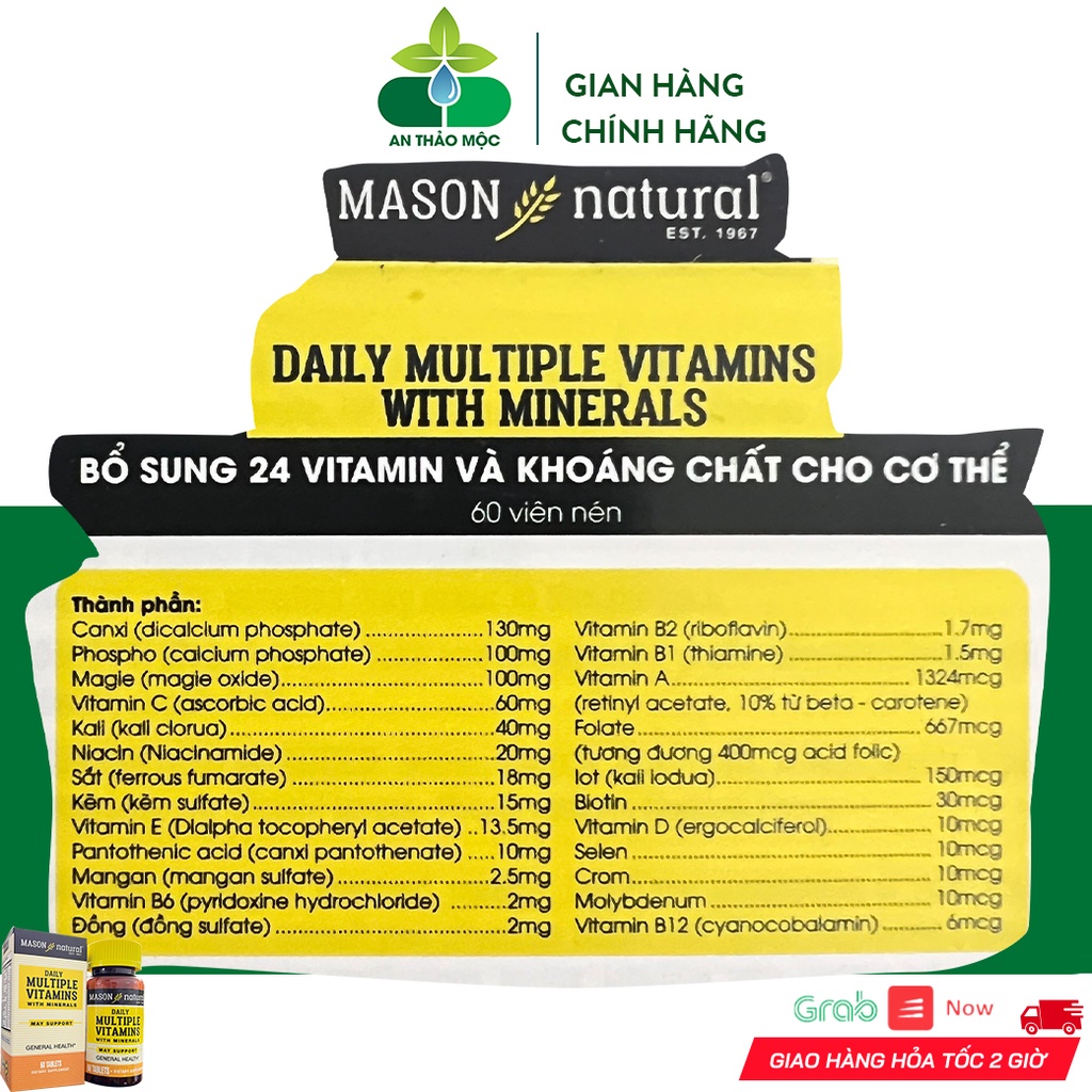 Viên Uống Bổ Tổng Hợp 24 Vitamin Khoáng Chất Mason Natural Daily Multiple Vitamins Lọ 60 viên