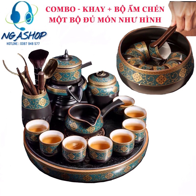 Combo-Khay + Bộ ấm chén pha trà đẹp cối xay gốm sứ cao cấp , Bộ chén uống trà đạo 19 chi tiết hoa cẩ