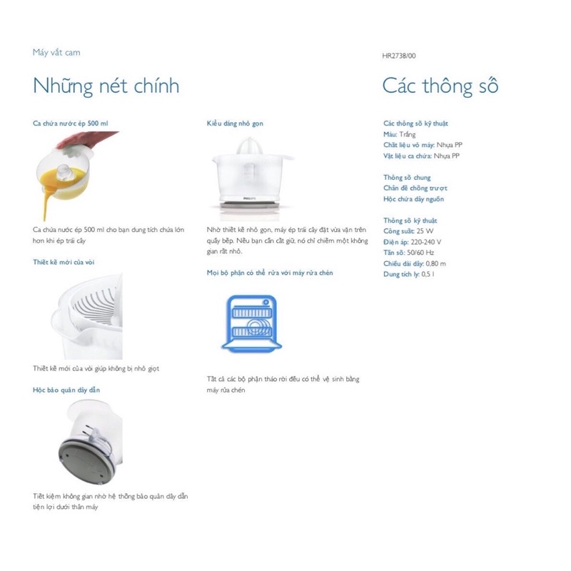 Máy vắt cam Philips HR2738 - Hàng chính hãng - Bảo hành 24 tháng