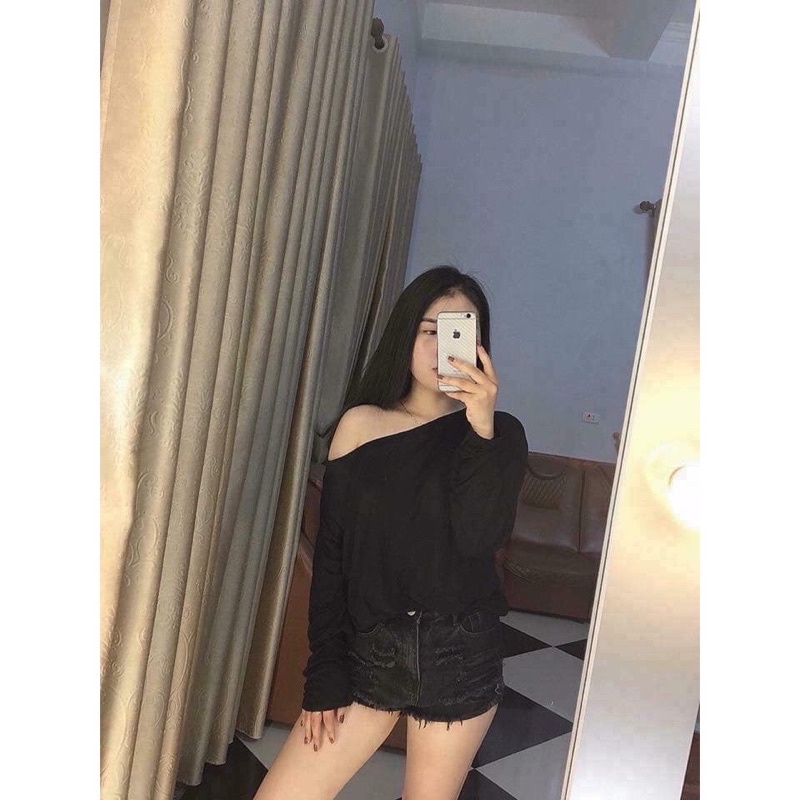 Áo Thun Xước Lệch Vai Dài tay Nữ [FREESHIP] 🌸 Áo phông giấy mỏng dáng suông ôm  ulzzang sexy HOT 🌸