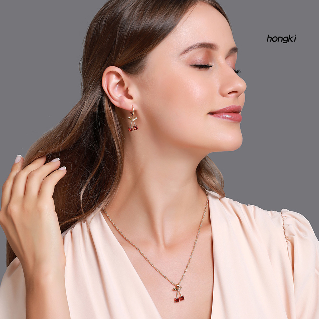 Bộ Dây Chuyền + Khuyên Tai Đính Đá Ruby Nhân Tạo Thời Trang