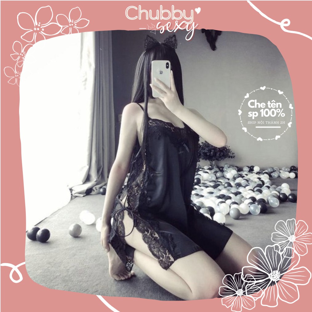 Váy Ngủ Lụa Sexy - [ Xả Kho ] Đồ lót nữ sexy - Set đồ ngủ lụa ren ngực thêu hoạ tiết  - VNL02 - Chubby.sexy