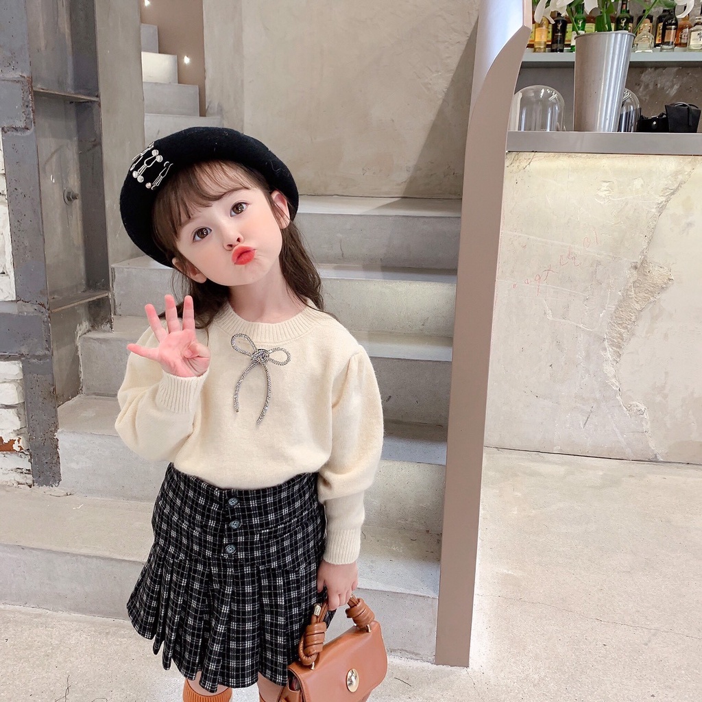 Áo len cho bé gái tiểu thư nơ tay bồng, Áo len trẻ em 1-7 tuổi phong cách Hàn Quốc đanh sợi không bai xù