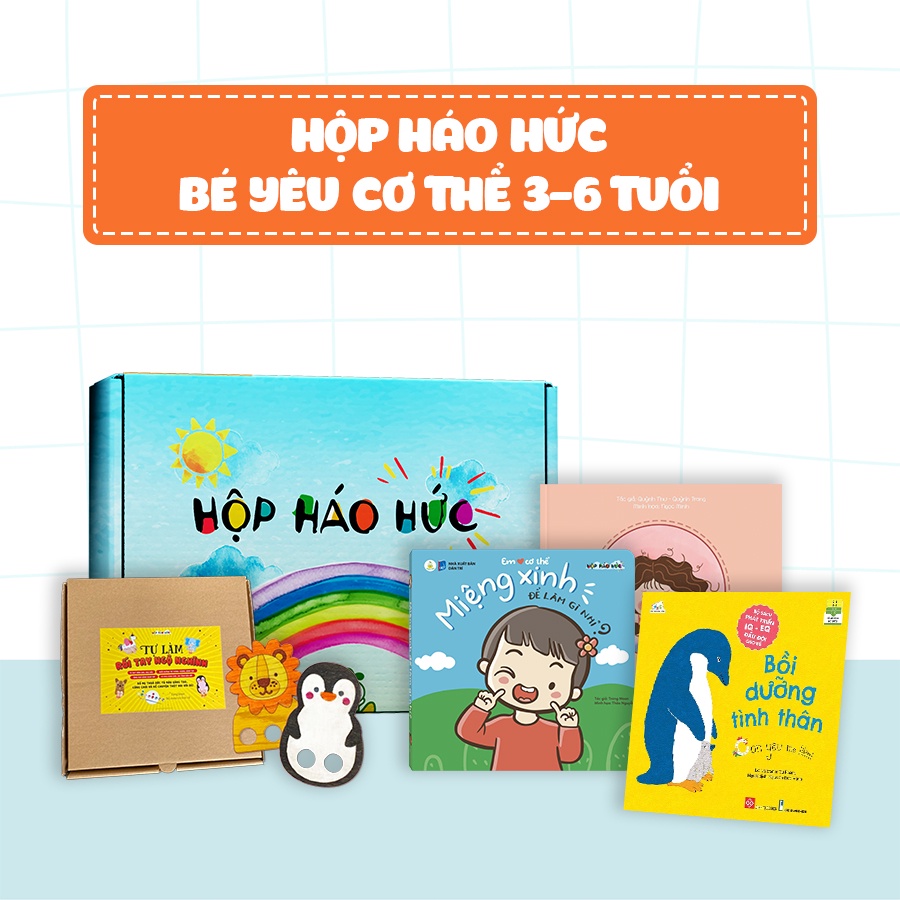 Đồ chơi phát triển trí tuệ Hộp Háo Hức BÉ YÊU CƠ THỂ 0-3 tuổi: Trò chơi Tự làm rối tay ngộ nghĩnh và 3 Sách cho bé