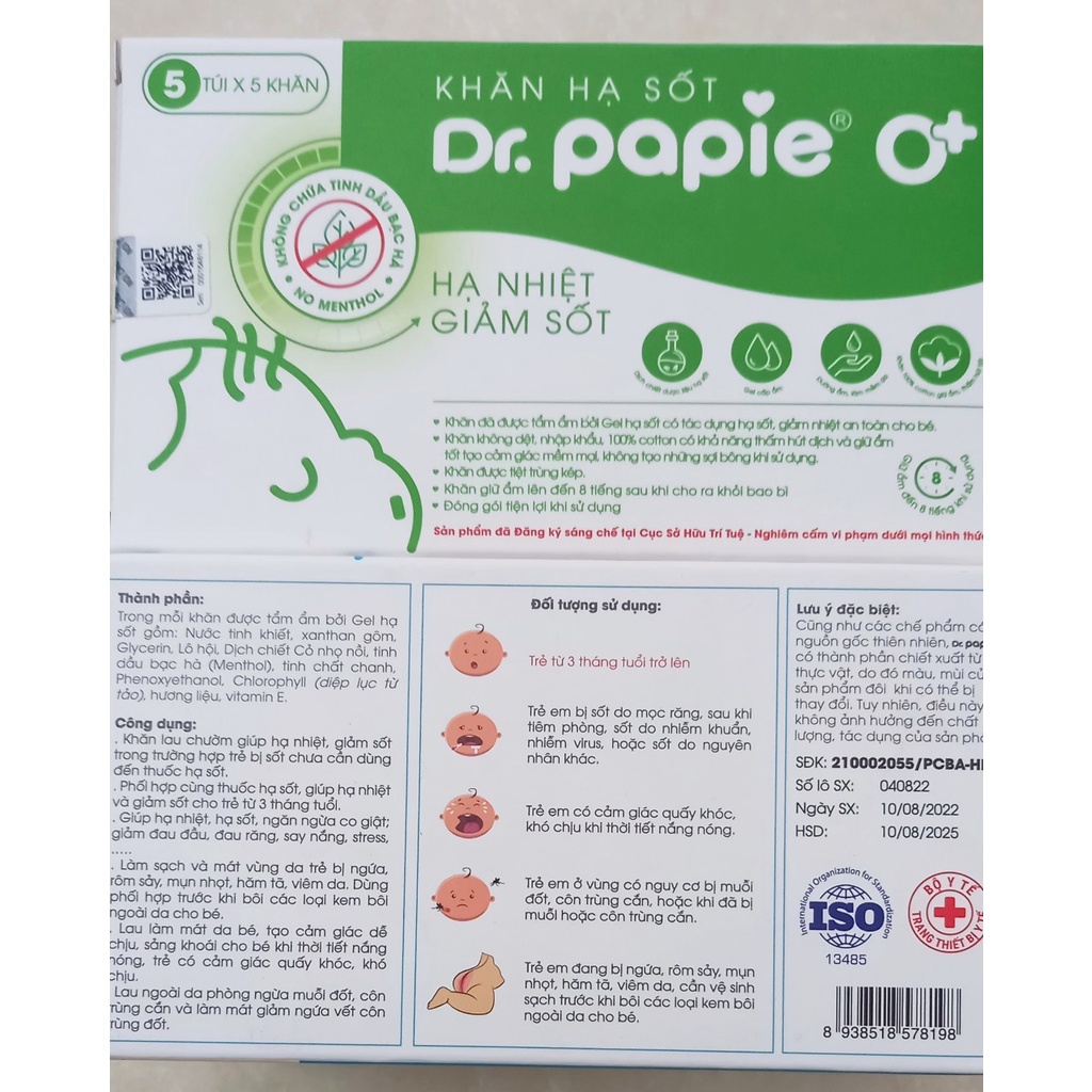 Túi 5 khăn lau hạ sốt dr. papie. Khăn lau thảo dược giúp hạ nhiệt, giảm đau , giảm sốt an toàn cho trẻ