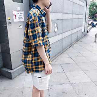 Áo sơmi kẻ tay lỡ basic - ẢNH THẬT