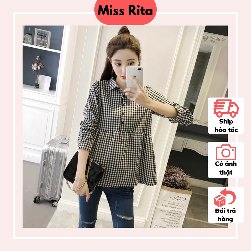 Áo bầu thu đông babydoll kẻ caro cổ đức điệu đà thiết kế bởi Đầm Bầu Nhung Huấn