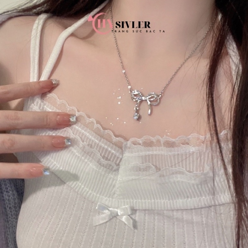 Dây chuyền bạc ta nơ kép nạm đá đính đá rơi nữ tính dây chuyền nữ bạc thật