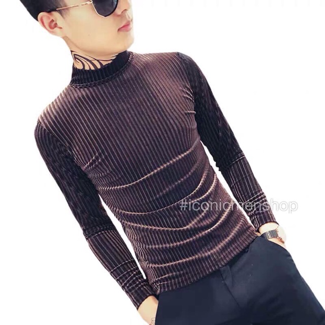 Áo thun nhung cổ trụ sọc gân , nâu