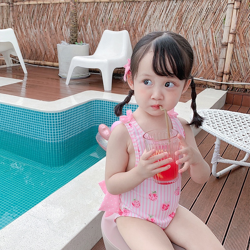 Bộ Đồ Bơi Hở Lưng Màu Hồng Dễ Thương Phong Cách Hàn Quốc Cho Bé Gái