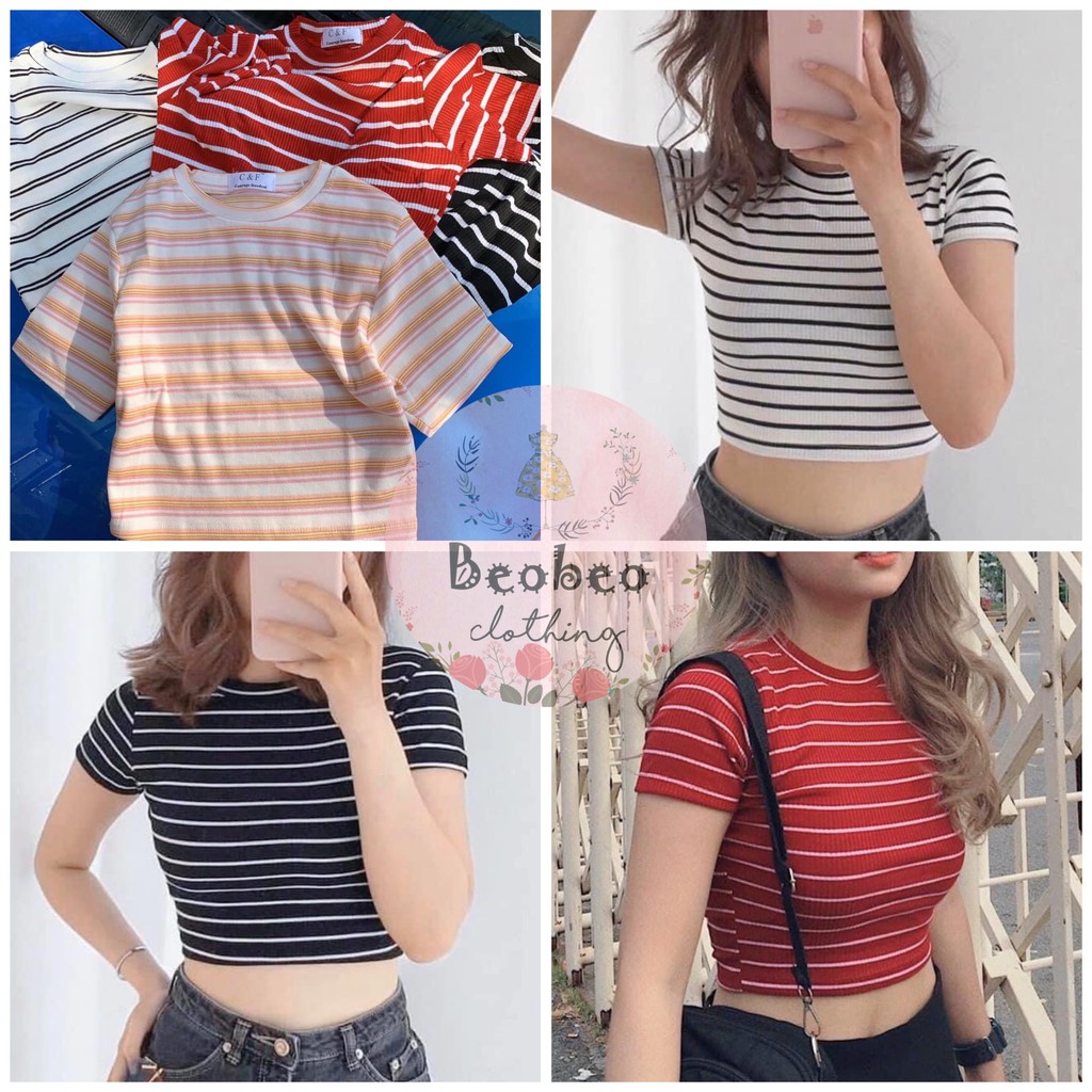 Áo croptop thun gân kẻ sọc nhiều màu ulzzang