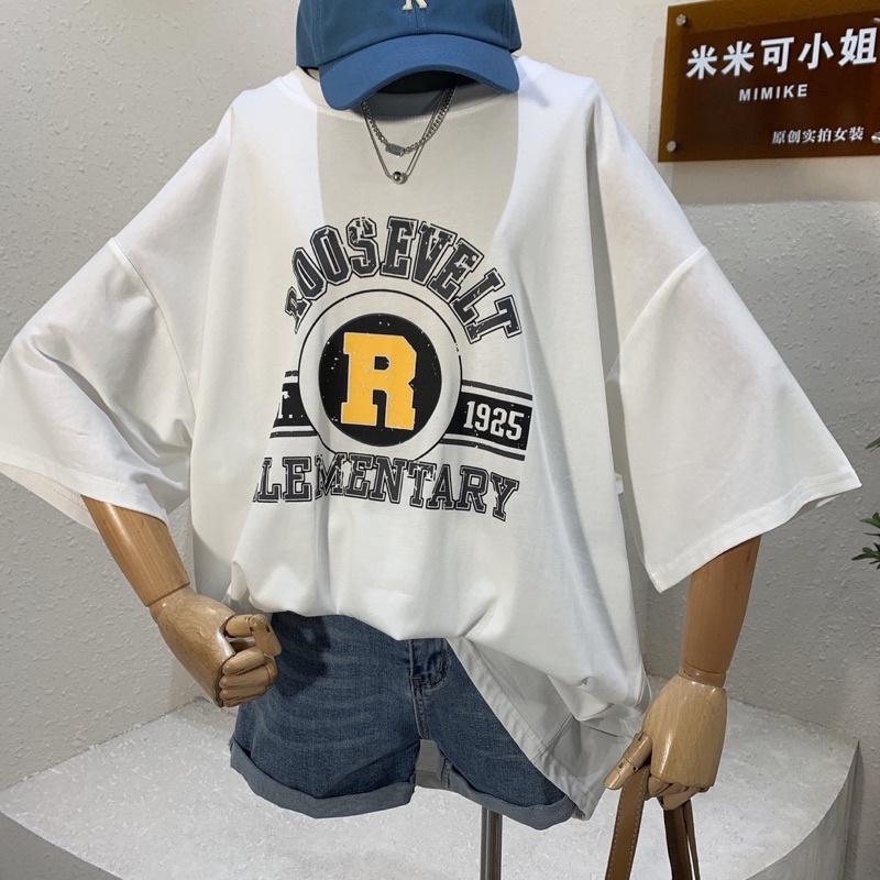 Áo phông 3158, áo thun tay lỡ form rộng chất cotton in hình R vàng