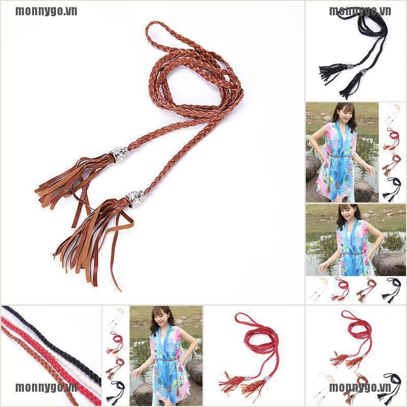 Thắt Lưng Da PU Bện Tua Rua Đơn Giản Tự Buộc Dây Phong Cách Boho Cho Nữ