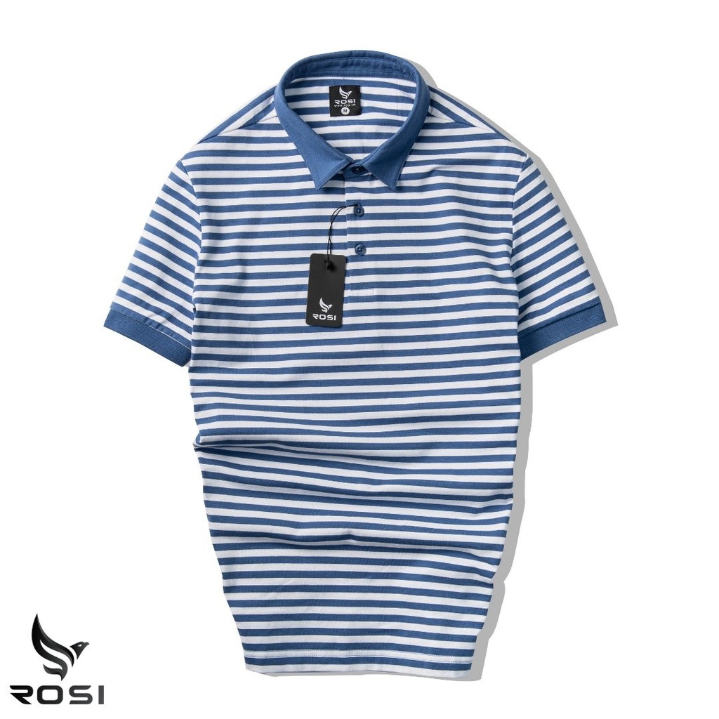 Áo thun nam cao cấp Rosi PL14 cổ polo tay bo ngắn,vải cotton trơn mịn kẻ ngang xanh trắng, dáng ôm(Slimfit) trẻ trung