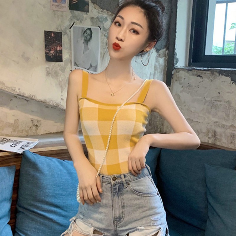 Áo Croptop Áo Tank Top Nữ Áo Dệt Kim Hai Dây Họa Tiết Kẻ Sọc Caro Gợi Cảm Cho Nữ