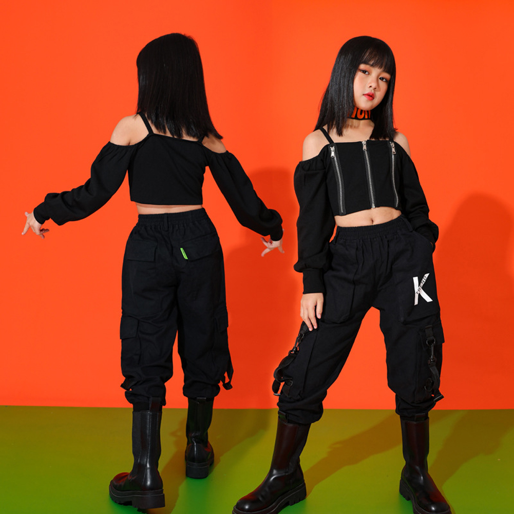 Bộ Áo Croptop Trễ Vai Phối Quần Dài Phong Cách Hip Hop Thời Trang Cho Bé 4-14 Tuổi