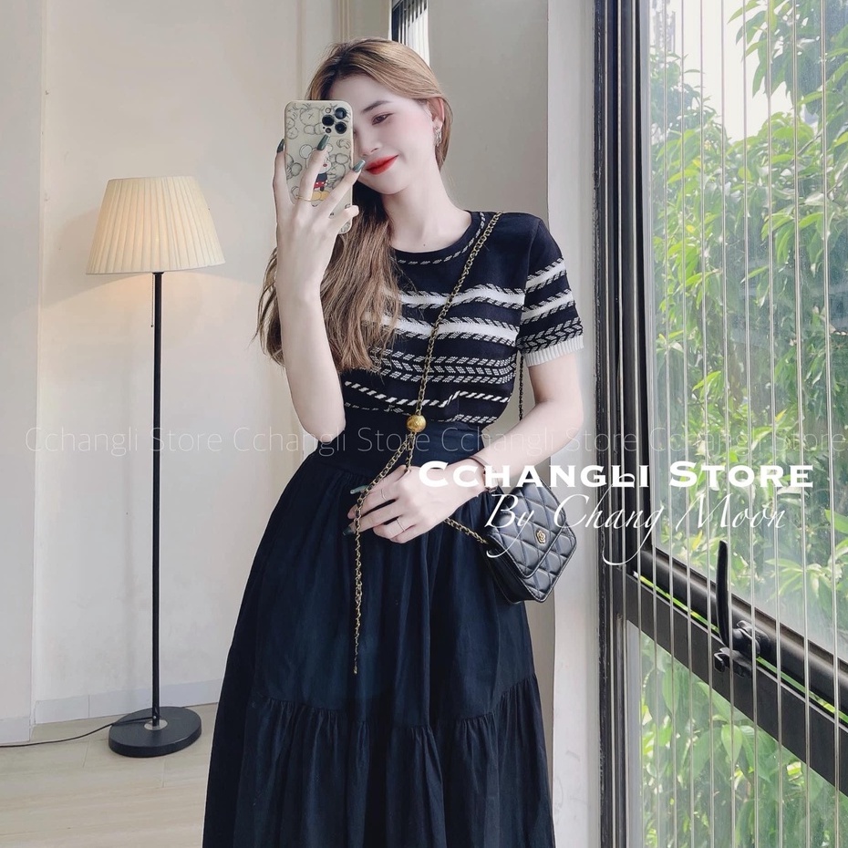 Áo len cộc tay phối kẻ mới hàng hot len mongtogi co dãn vanmiushop