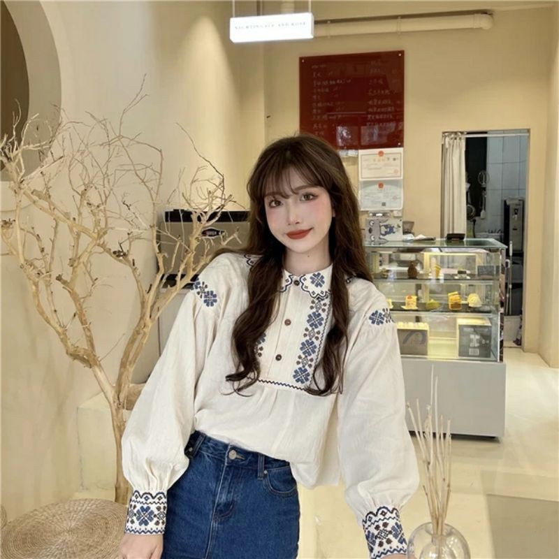 6:30PM Order Áo sơ mi croptop babydoll ulzzang tay dài họa tiết thổ cẩm màu be